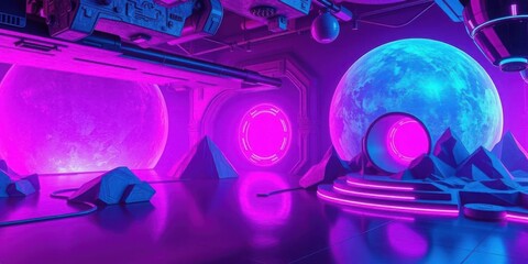 Fototapeta premium Futuristic Neon Space Station Interior with Planets