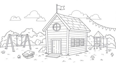 Obraz premium Coloring page of a charming playhouse in a cheerful backyard scene with swing set and books