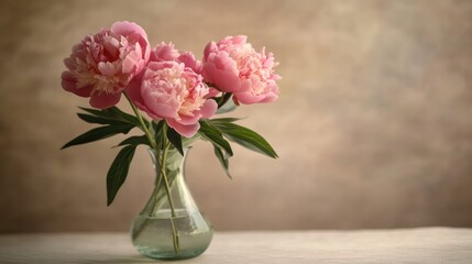 Delicate pink peonies in a glass vase.