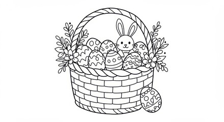 Easter basket filled with decorated eggs and a cute bunny for coloring book