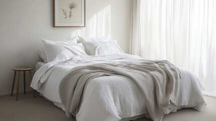 Cozy bedroom with neatly made bed, soft lighting, and serene decor