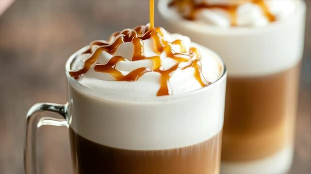 Caramel drizzle atop creamy latte in glass mug
