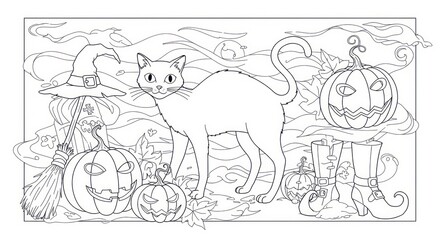Halloween coloring page featuring black cat with pumpkins, witch hat, broom, and boots for festive holiday activity