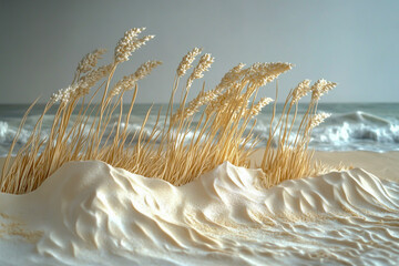 Huge sand dunes sway like reeds in the wind, creating a tranquil coastal landscape as ocean waves crash onto the shore in the distant background.