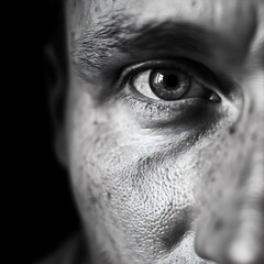 Close up of a man's face with a dark background
