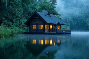 Obraz premium Rustic cabin on a serene lake at dawn. Misty morning light reflects on the still water, highlighting the wooden cabin nestled peacefully on the lake's surface