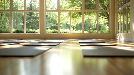 Warm yoga studio with wooden floor and large windows showing vibrant green forest outside.