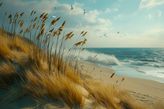 Huge sand dunes sway like reeds in the wind, creating a tranquil coastal landscape as ocean waves crash onto the shore in the distant background.