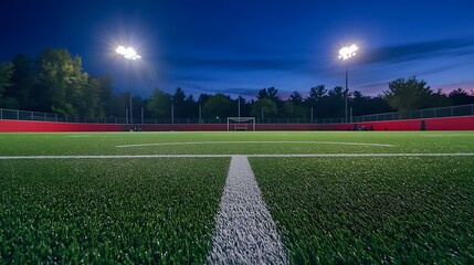 Empty football stadium with bright floodlights and pristine turf 