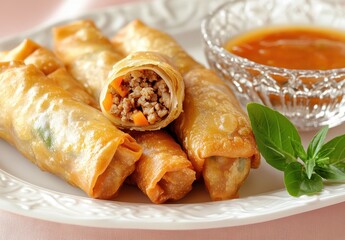 Crispy Golden Spring Rolls with a Savory Meat Filling and Sweet Sauce Served on a Decorative Plate Surrounded by Fresh Herbs