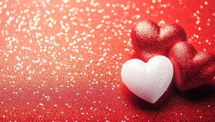 Fototapeta premium Three hearts, red and white, on a red glittery background. A festive, romantic Valentine's Day image