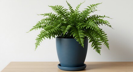 Fototapeta premium Lush Boston Fern in a Modern Blue Pot on a Wooden Surface