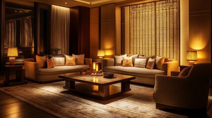 101.A cozy living room in the evening, showcasing a plush sofa and a comfortable armchair arranged around a low wooden coffee table. Soft golden light emanates from elegant glowing lamps placed