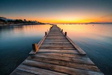 Serene sunset over a wooden pier extending into calm waters, with vibrant yellow and orange hues.