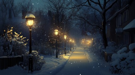 105.A calm winter evening street illuminated by bright streetlights, guiding a narrow path covered in a light dusting of snow. The lamps cast a warm, inviting light, cutting through the crisp winter