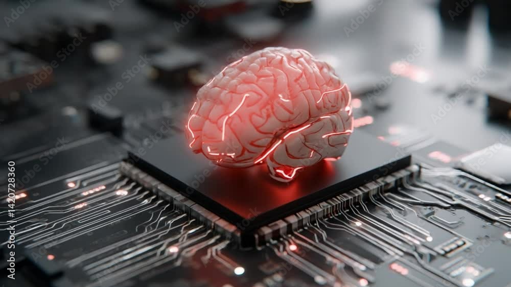 Poster digital brain interface: a radiant, three-dimensional representation of the human brain rests upon a
