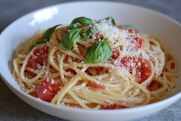 spaghetti with rich tomato sauce, topped with freshly grated parmesan and fresh basil, served in a white bowl