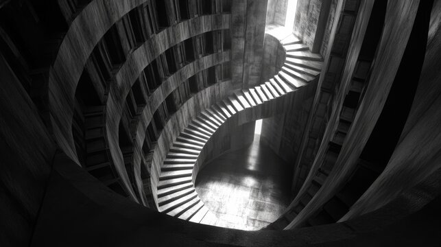 Spiral Concrete Staircase in a Modern Building on black background