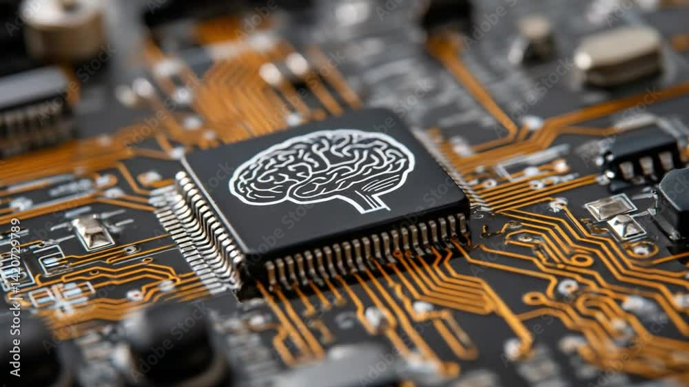 Poster the mind's circuit: a close-up view of a computer chip, showcasing an embossed brain image on its su
