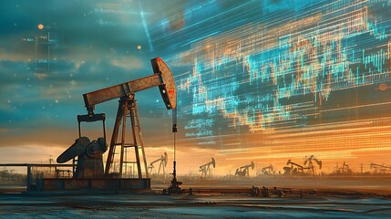 Oil pump jack operating on an oilfield with a digital graph displaying fluctuating oil prices in the background. 
