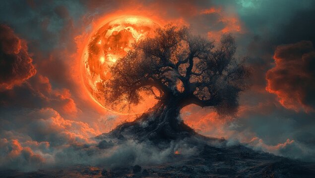 Ancient tree under a fiery moon. Vast, ominous clouds envelop a solitary, gnarled tree rooted on a rocky hilltop, illuminated by an intensely red, almost fiery moon