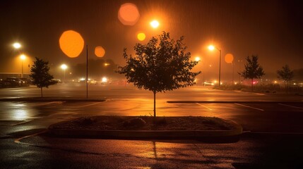 A lone tree stands resilient under heavy rain in an empty lot, reflections shimmering in dramatic light. Solitude and strength amidst nature's force.