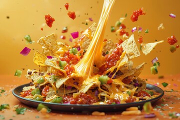 nachos flying off a plate, with strings of cheese stretching and bursts of salsa splattering, creating a playful and delicious visual