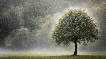 A lone tree stands resilient under heavy rain in an empty lot, reflections shimmering in dramatic light. Solitude and strength amidst nature's force.
