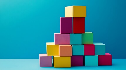 A pyramid of colorful stacked books on a turquoise background, showcasing vibrant hues and geometric shapes. 
