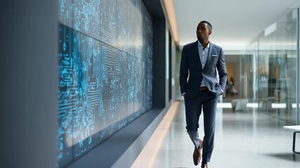 Businessman Walking Through Hallway: A successful businessman in a sharp suit walks confidently through a modern office hallway, past a wall displaying complex mathematical equations. - Powered by Adobe
