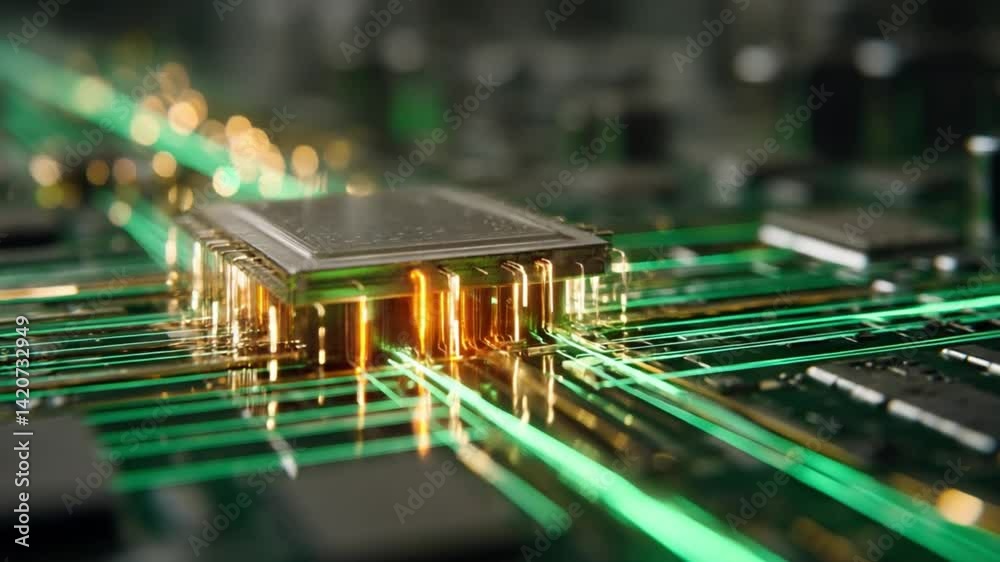 Poster technological circuitry: a dynamic shot of microchips and circuit boards, with energy flowing throug