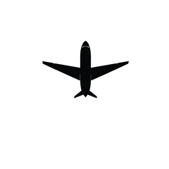 A travel themed logo a centered black silhouette airplane icon on a white background. The vector style airplane is composed of geometric shapes and clean lines with a focus on visual clarity,