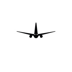 A travel logo a sleek, black airplane silhouette vector icon, geometric, perfectly balanced and symmetrical, against a stark white backdrop. Minimalist aesthetic, clean lines, flat style