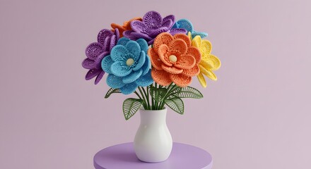 Vibrant Crochet Flower Bouquet in White Vase on Purple Table