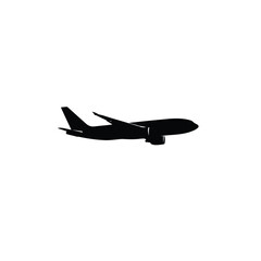 Airplane logo A solid black, geometric silhouette of an airplane centered on a white background. Minimalist vector style, clean lines, perfectly balanced, visually clear, suitable for travel branding