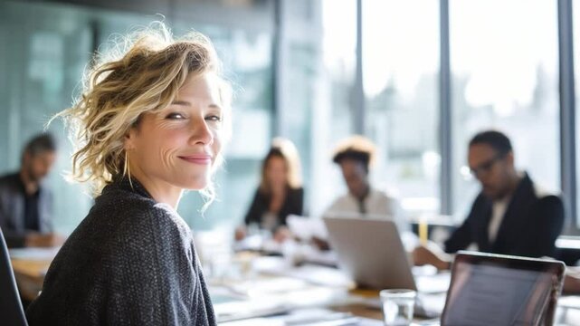 Focused on Success: Capturing a team huddle in the radiant glow of a boardroom, exuding confidence and determination. A portrait of a strong female leader, leading a meeting. 
