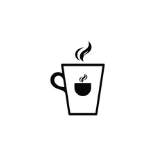 Clean logo design a black silhouette vector style coffee cup with steam icon, centrally positioned on a white background. 