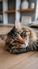 Relaxed tabby cat on a wooden floor