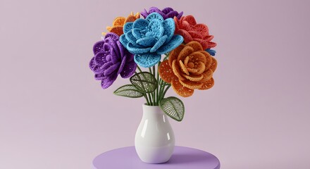Obraz premium Vibrant Knitted Flowers in a White Vase