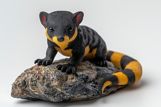 A figurine depicting a cute striped-tailed possum perched atop a textured grey-brown rock against a plain white backdrop.
