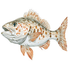 Spotted fish illustration; tan and white speckled pattern with detailed fins and open mouth isolated on a white background.