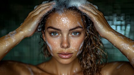 Woman washing her hair in a shower