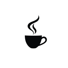 Geometric logo design a black silhouette coffee cup with steam, isolated against a white background. 