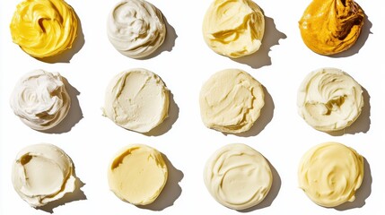 Various Creamy Spreads and Textures on White Background