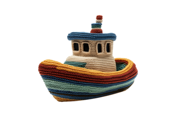 A Crocheted Boat Toy Drifting isolated on transparent background
