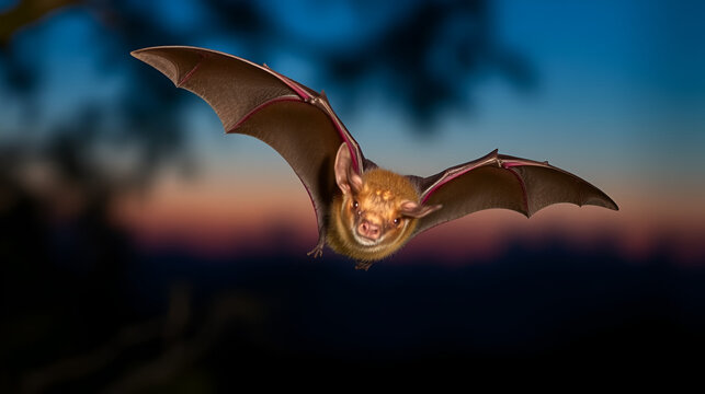 Serotine bat in mid-flight during twilight hunt