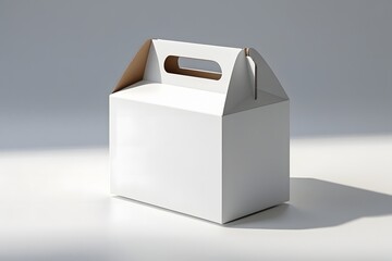 Photorealistic white cardboard gable box with die-cut handle, matte surface, and soft shadows. Front view isolated on white, ideal for branding mockups.