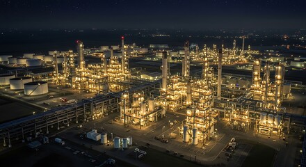 Naklejka premium Night View of Illuminated Petrochemical Refinery Complex