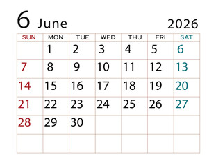 2026年カレンダー　6月(2)