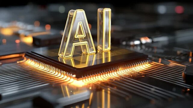 AI Technology Illustration: A stylized, photorealistic rendering of "AI" illuminated atop a microchip, embodying the forefront of technological innovation and progress.